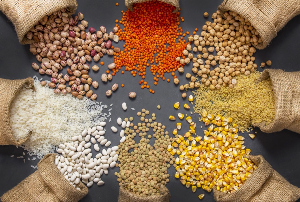 A selection of pulses, grains and legumes in sacks
